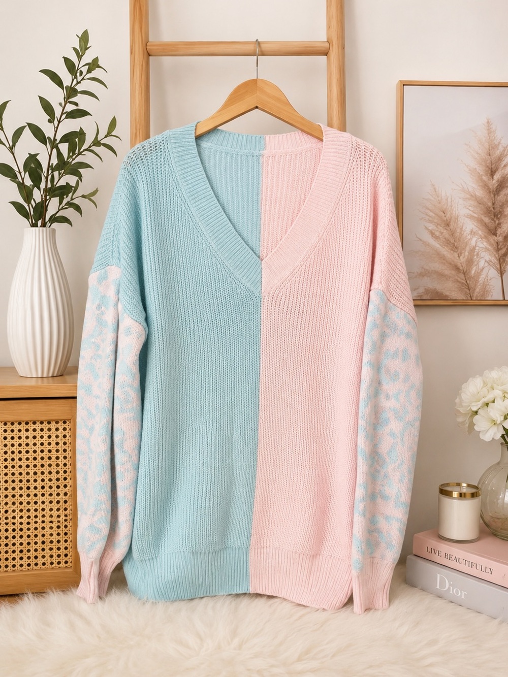 A Classy Chic Boutique Pastel Blue & Pastel Pink V-Neck Colorblock Sweater